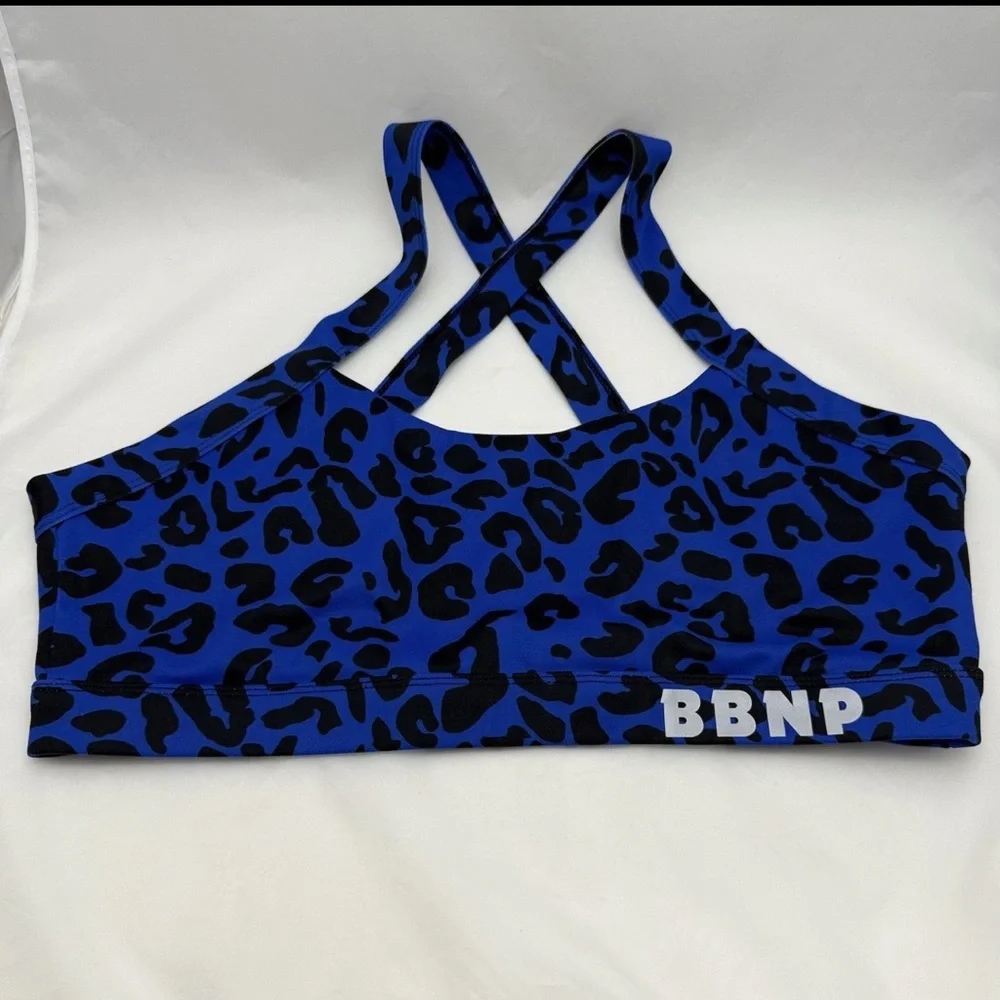 Barbells & Pizza Blue Leopard Print Sports Bra Women’s XL Crossback Activewear